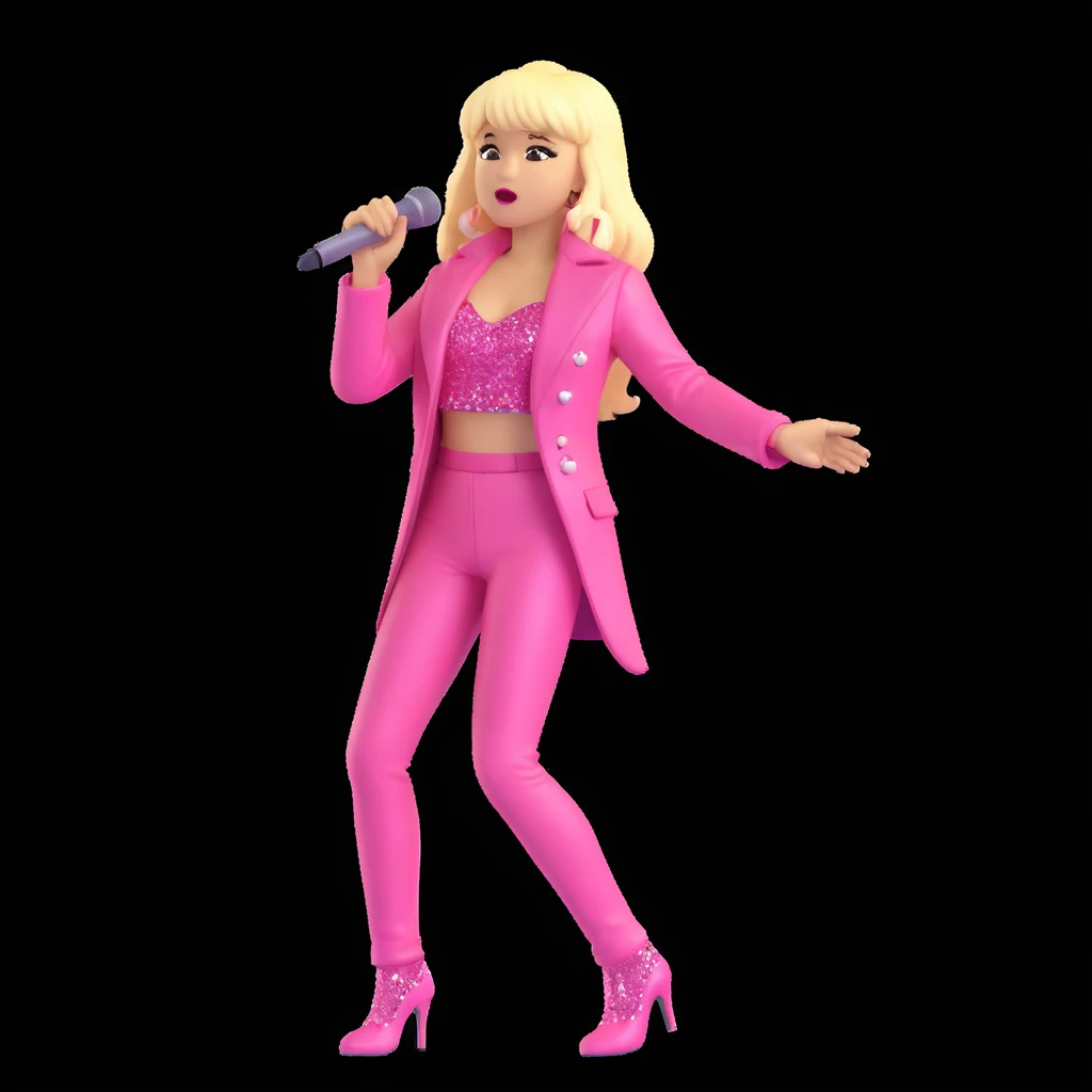 Pretty and thin tall Blonde pop star with bangs singing onstage, wearing a sparkly pink outfit   emoji