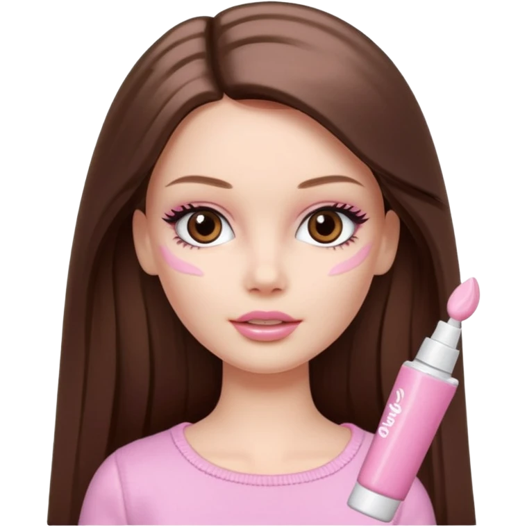 Barbie girl a brown long Straight hair and brown eyes is In pale pink smears by hand cosmetic cream on her face emoji