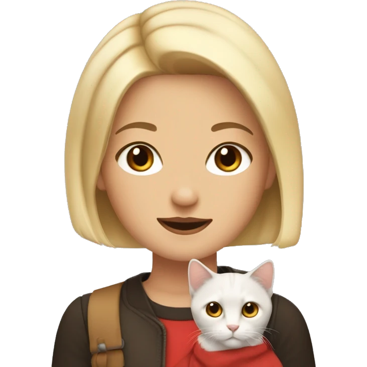 a blonde with a bob haircut and brown eyes holds in her hands a cat of three colors black, red and white emoji