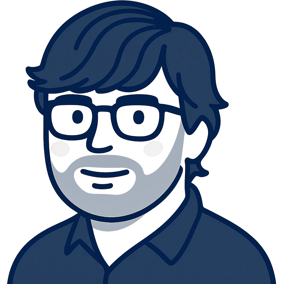 A man with stylish glasses, attractively disheveled longer hair that still looks nicely styled with perfect bangs across the forehead, a round face shape, and a broader nose. Use dark indigo blue for all primary outlines and details, very subtle pink highlights restricted to the cheeks, and gray tones used only for the beard and minimal shadow details where necessary. emoji