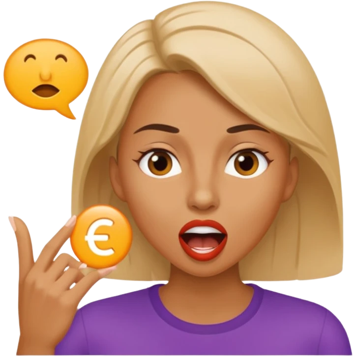 a woman is talking and English letters are coming out of her mouth emoji