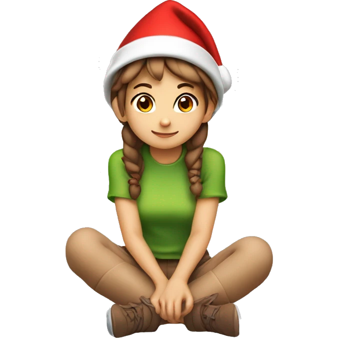 Girl with  brown short hair in red elf hat in a sitting position holding her knees ￼ emoji