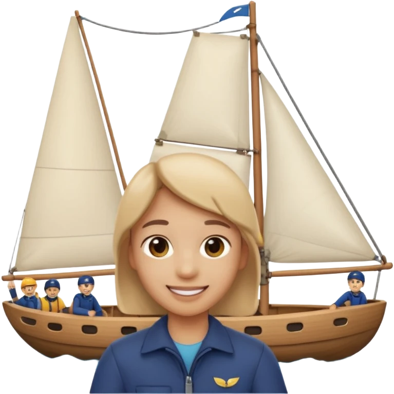 Emoji-style person taking a selfie with small sailing crew behind, rounded faces, soft shading, smiling, PNG cutout emoji
