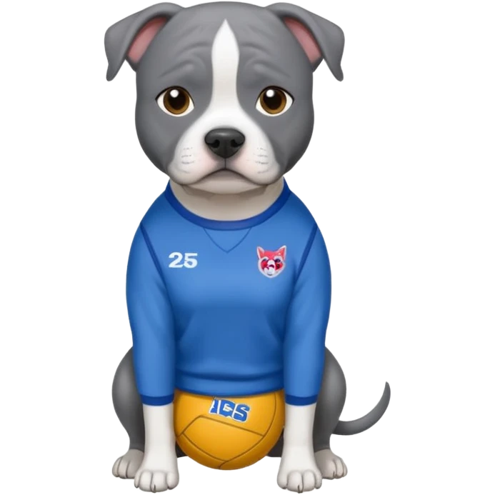 Blue English staffy wearing a netball fever team jumper emoji