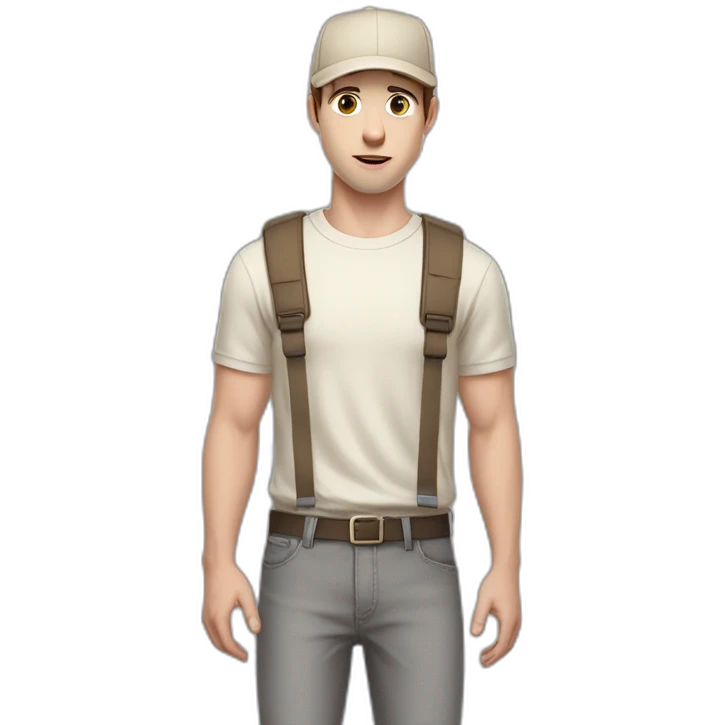 Pale skinned fit Man with dark brown hair in a beige cap, gray jeans, brown polo and white T-shirt keeping a pasted with tape white box into his hands emoji