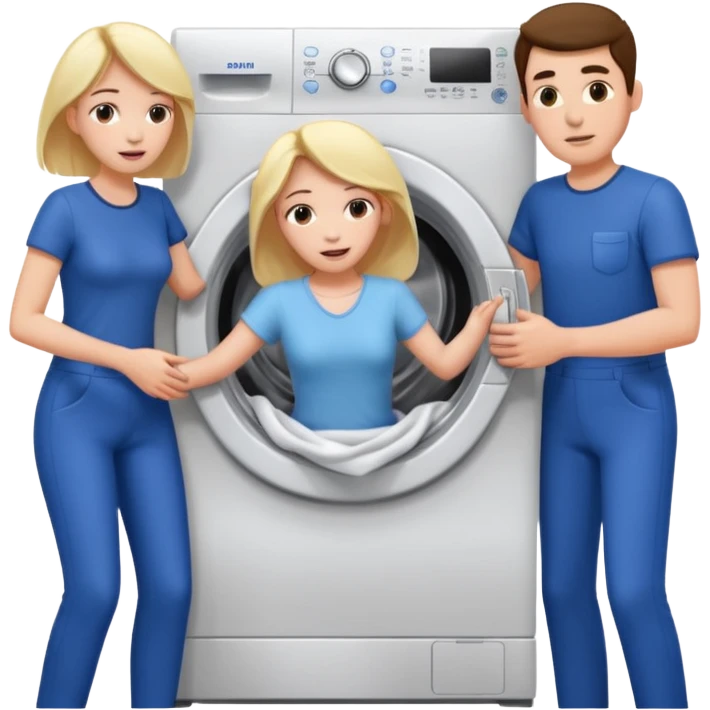 Eine Frau mit dem in der Waschmaschine feststeckt und zwei Männer die hinten an ihr ziehen um ihr zu helfen  emoji