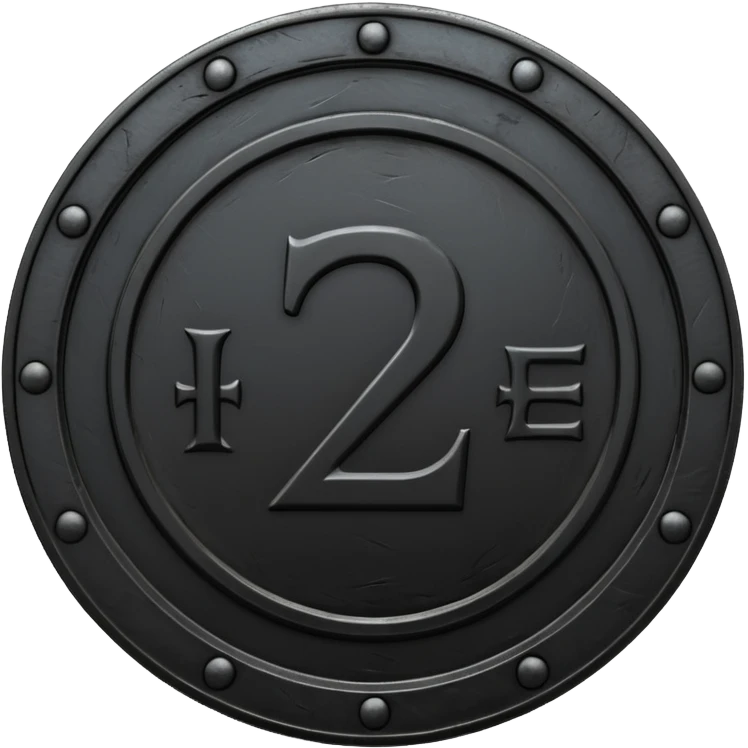 Minimal emoji, gothic metal coin made of black steel, engraved number 2 at the center, ancient industrial aesthetic, worn metal texture, no glow, no neon, flat emoji design, centered, transparent background emoji