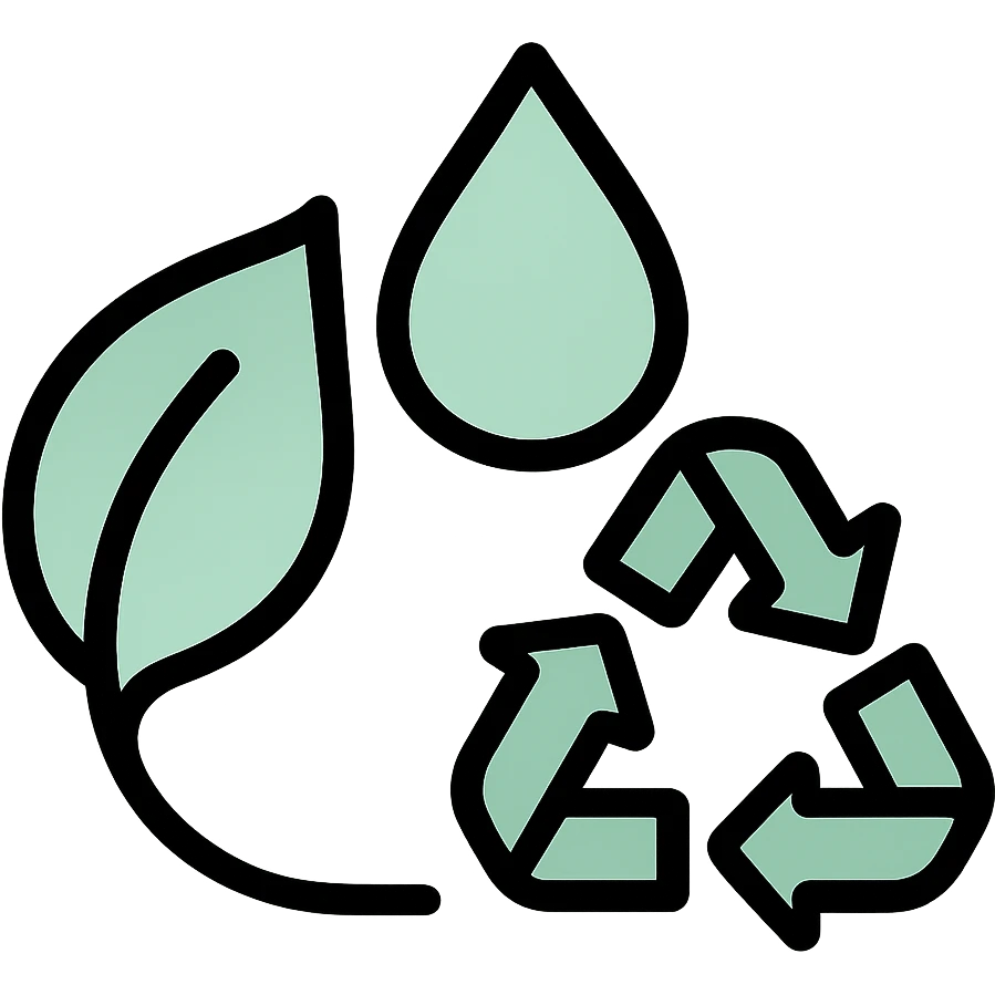 Environment with leaf, water drop, and recycling symbol, fluid dimensional design, techy style, black outlines with mint green #B5F4D3 fills emoji