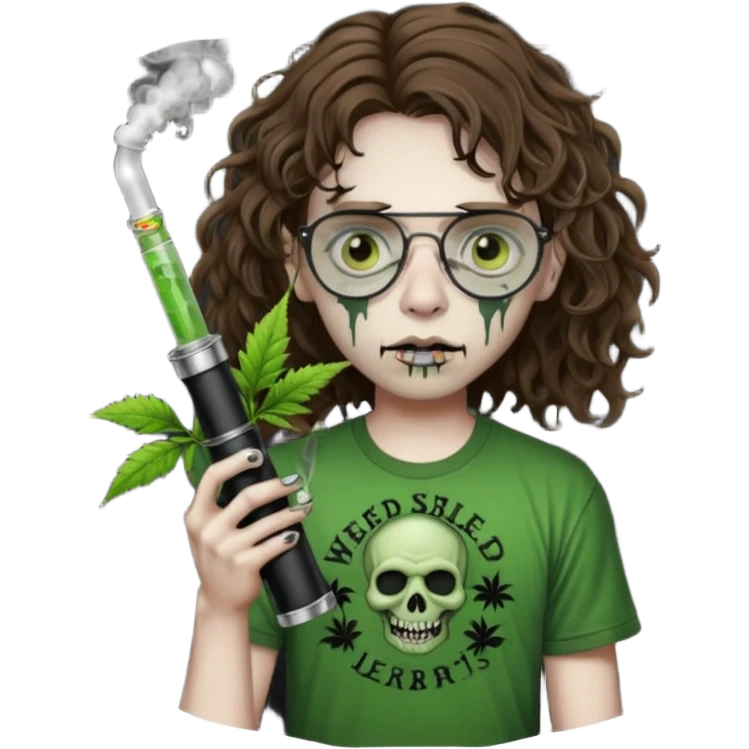 brown wavy haired zombie getting stoned with weed t shirt and bong on his hand and wearing black chrome hearts bifocals emoji