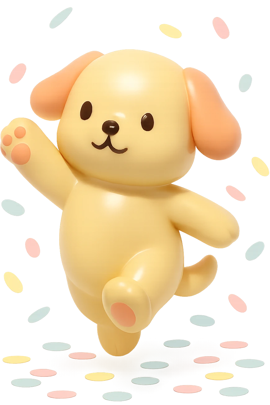 puppy jumping in confetti with paw up, vinyl figure style emoji