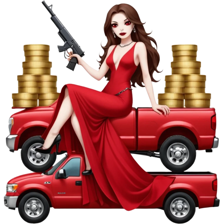Lilith symbol red eye seductress evil long brown haired sexy succubus woman. Wearing Chanel  long dress with slit, sitting on top of a  giant lifted F350 pickup truck. Black Platform heels on feet. Back of truck full of stacks of cash, sitting behind her is  a human skull with a gun in other hand emoji