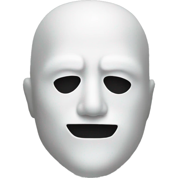 Man wearing circular white mask with black eyes and a line mouth emoji
