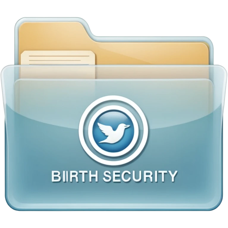 A simple emoji-style icon of a transparent plastic folder, clean and minimal, with rounded corners, subtle translucency, soft shading, and a small official documents symbol representing birth certificater, and Social Security. emoji