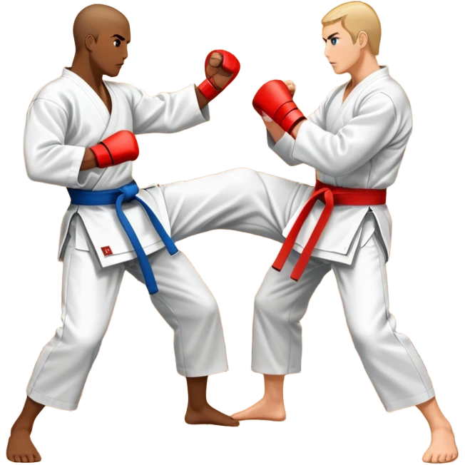 An icon symbolizing traditional Karate, showing two opponents engaged in a sparring match. One is about to deliver a powerful punch, while the other is in a defensive stance. The background includes elements like a dojo and wooden floor. Transparent background emoji