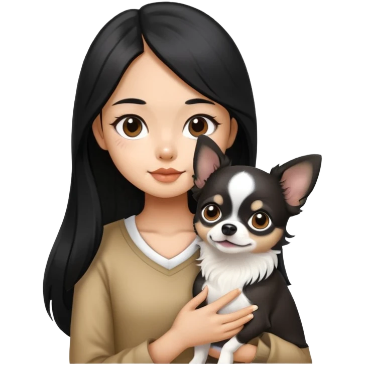 Thai girl with long black hair holding a black and white Chihuahua dog emoji