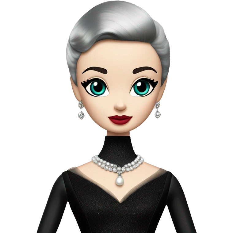 Teen Audrey Hepburn as Sabrina Barbie.Morticia Addams. Show full body. Embroidered long black gown jewelry gloves pearl earrings  emoji