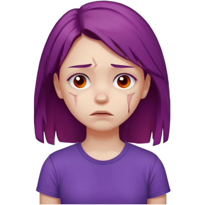 Young girl with red, damaged, and unattractive hair, wearing a purple T-shirt, with a sad face. emoji