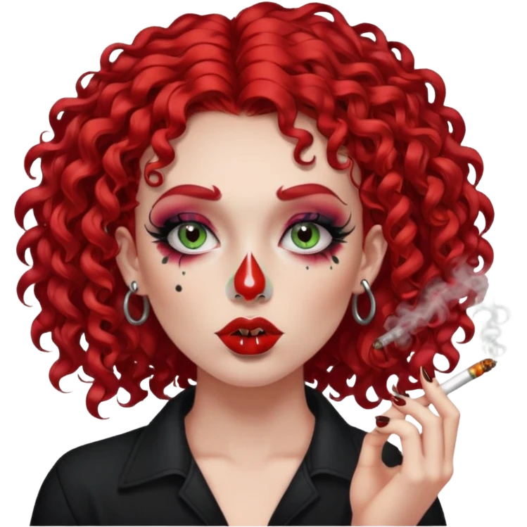 bright red curly hair alt girl with dark makeup and gauged septum, eyebrow and nose piercings smoking weed emoji