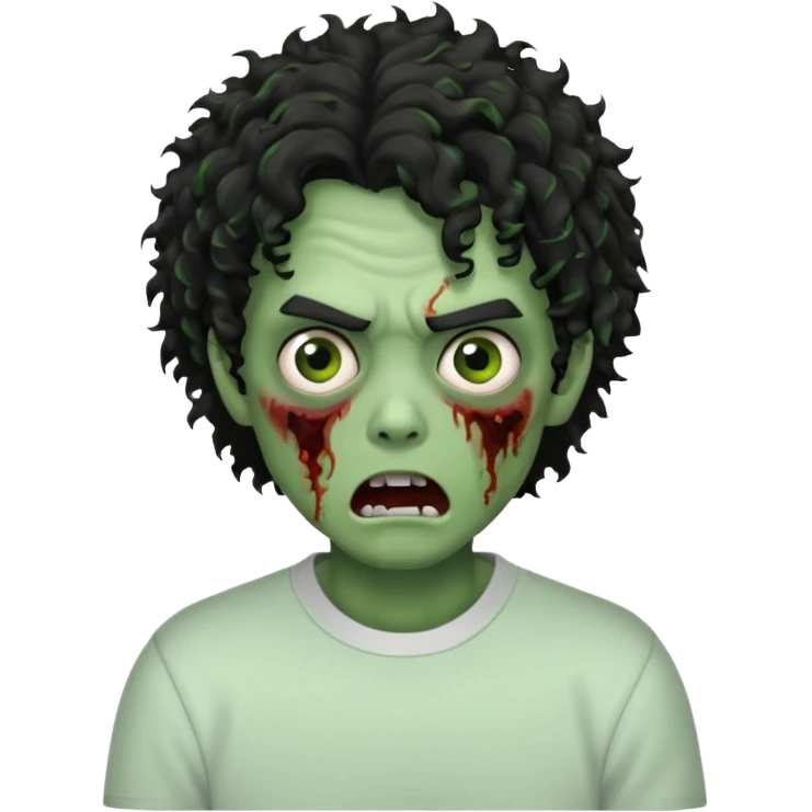 Zombie with black medium curly hair with a white crewneck shirt making a scared face  emoji
