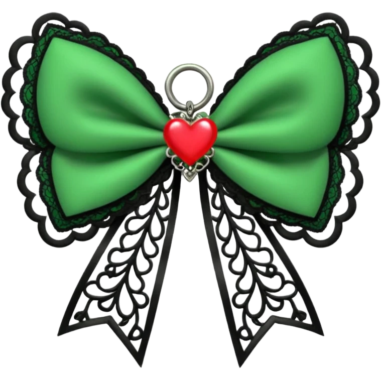 green gothic bow with black lace trim and heart charm, remove background emoji