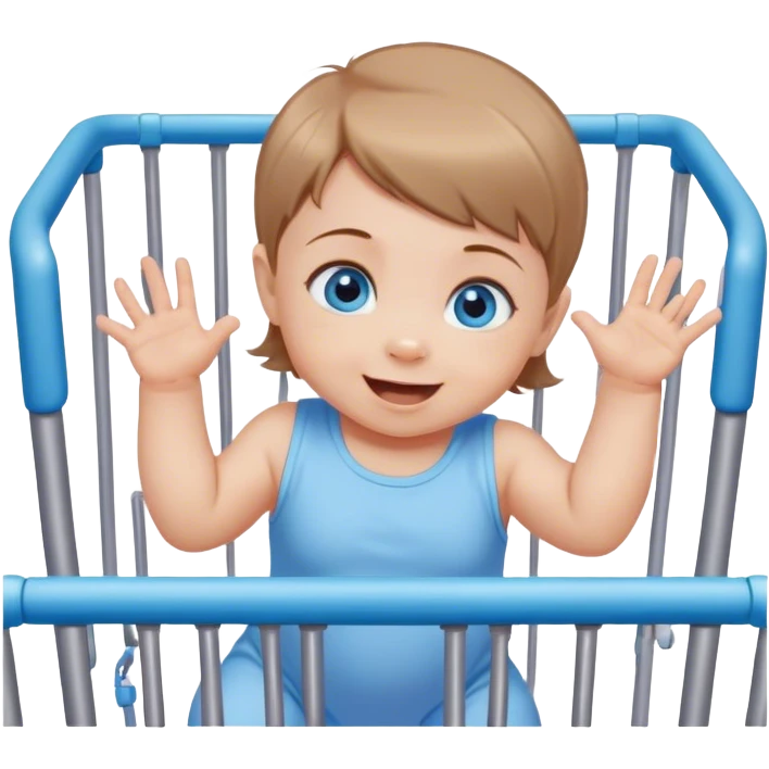 Blue-eyed baby girl with short light brown hair, mischievous smile climbing out of playpen emoji