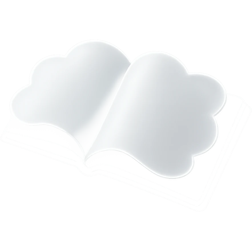 open book top view, each page is a convex cloud, very bright white, matte glass style, no background emoji