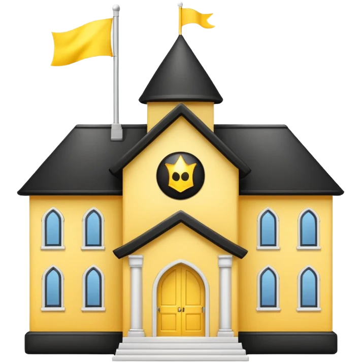 simple magic school, low detail, white background, magic school, black roof, with a big flag, big flag on a roof, big yellow flag, white school emoji