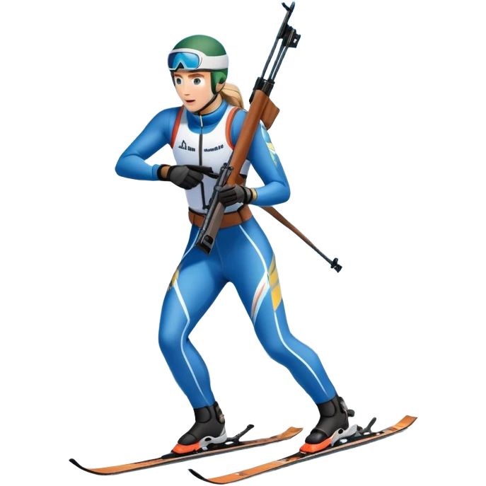 An icon featuring snow-covered trees, distant mountains, and a clear blue sky with a biathlete in motion, holding a rifle and skiing across a snowy course. Transparent background highlights the precision, endurance, and excitement of biathlon. emoji