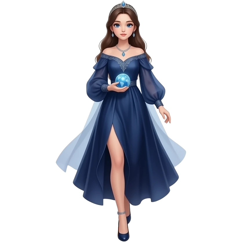 cinematic realistic - an elegant mystical girl in a long dark blue dress carries a small sparkling globe in her hand and walks through a flaming ring emoji