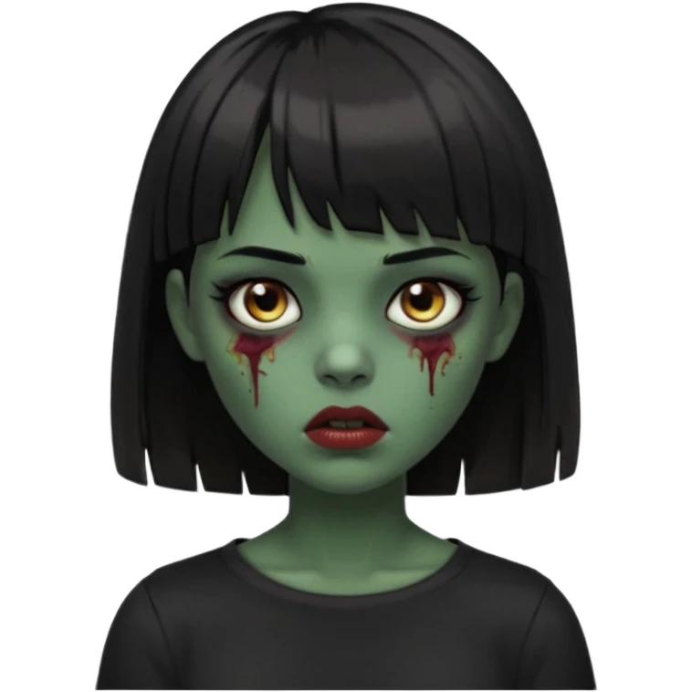 Zombie girl emoji verde escuro com cabelo curto liso preto no ombro e franja na altura da sobrancelha cobrindo completamente a testa, usando uma blusa preta, com olhos castanhos escuros emoji