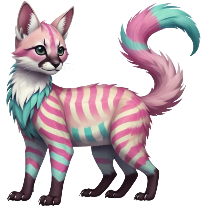 Colorful tropical feathery tribal pale light fruity pastel white glorious iridescent divine exotic cute albino neon vibrant zigzagged cool beautiful fantasy-caracal-civet-genet-sergal-vernid-Gryphon-Cacomistle-Trico-oncilla-animal-Fakémon-hybrid-fursona (full body), facial markings,  emoji