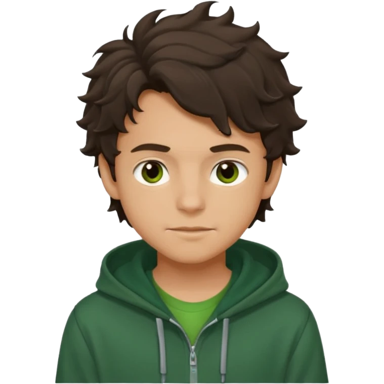 a 14 year old slightly tanned teenage boy with dark brown tousled wavy hair, dark brown eyes wearing a green tshirt, with a dark green hoodie overcoat. smirking emoji