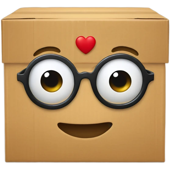 una caja de carton dibujada como carita con lentes encima de un corazon  emoji