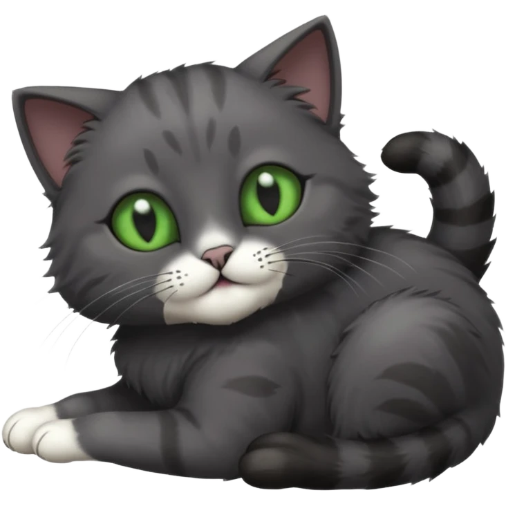 solid dark grey cat with green eyes, completely solid grey face, white toes/paws playfully rolling upside down emoji