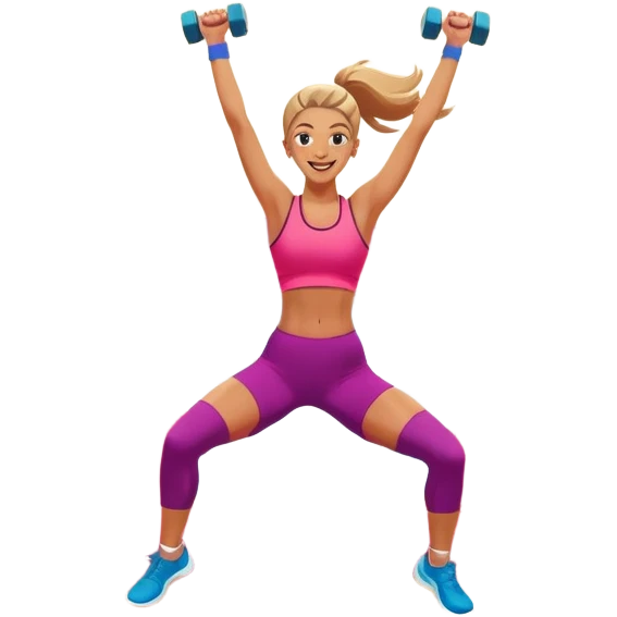 An energetic person performing an aerobics workout in a brightly lit gym, jumping and stretching with enthusiasm. The scene includes vibrant fitness equipment like dumbbells and exercise mats, with a background of cheerful, motivating colors, conveying energy and movement. emoji