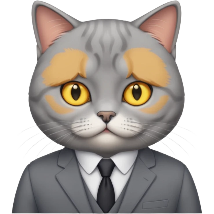 British Shorthair with yellow eyes wears gray suit attends a press conference. emoji