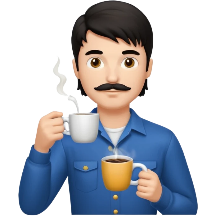 generate an ios genmoji of a fair young guy with black mustache, mullet hairstyle, drinking coffee emoji
