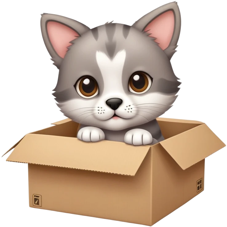  A very cute young puppy cat with one's head tilted to one side poked its paws out of the cardboard big box and placed them on top of it emoji
