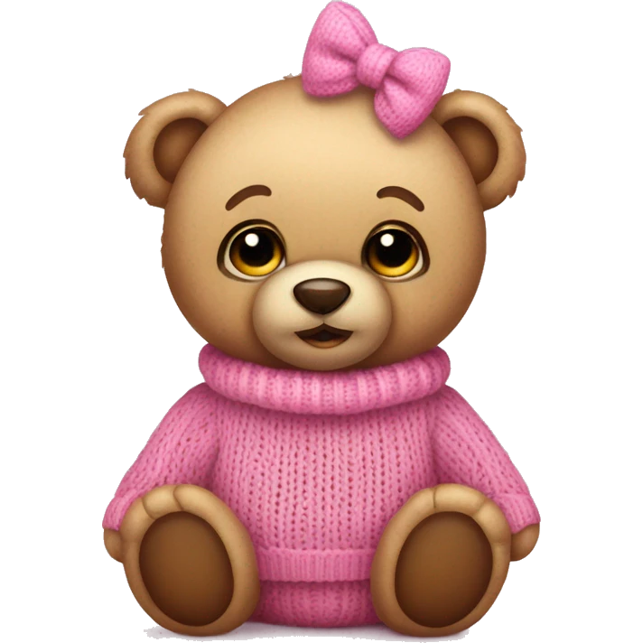 Cute Teddy Bear with big eyes, wearing a pink bow and pink knitted Sweater  emoji