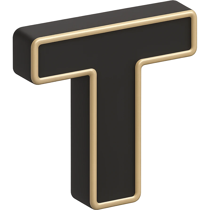 Create the letter T in the 3D Black style, matching the bold, clear, gold-edged look of the reference letter A. emoji