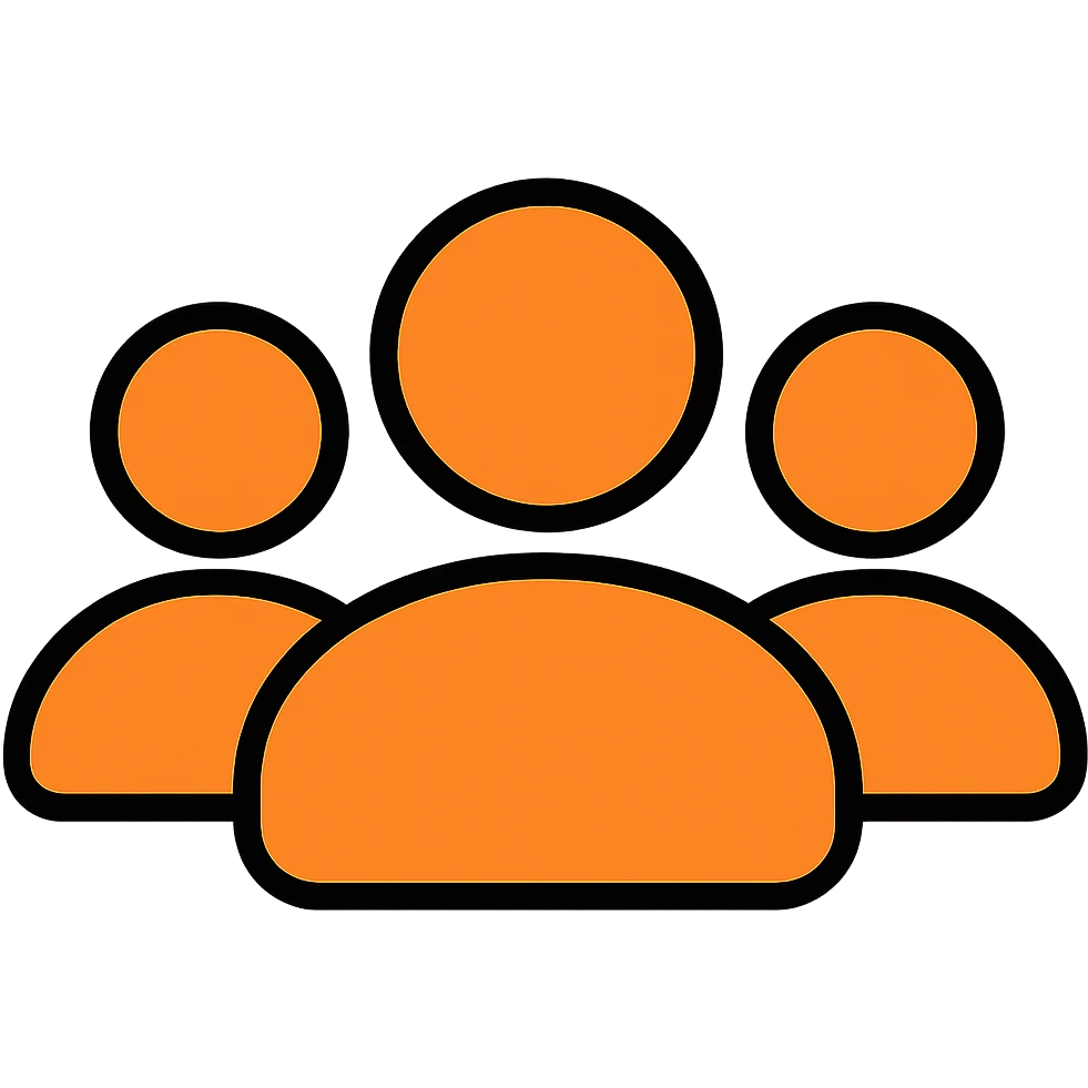 Remove all social details or icons, leave only a simple silhouette representing followers, in orange color #fe6601, with transparent background. emoji