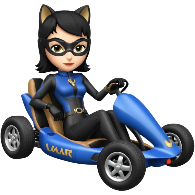 full size real-appearance electric road racing sexy CatWoman’s feminine midnight-colored tight outfit sixty’s tv show dark stealthy accurate sporty safe plush deluxe off-road pursuit drifting car jaguar accents (black hair,reclined and relaxed torso and shoulders back seating position) cross kart  emoji