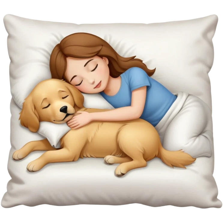 girl with brown hair sleep with white pillow, and hug with a golden retriever emoji
