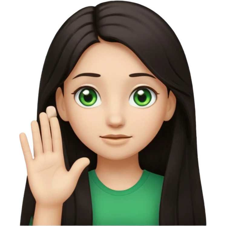 Animated girl dark long hair green eyes emoji holding right side of the head with her hand with duh facial expression  emoji