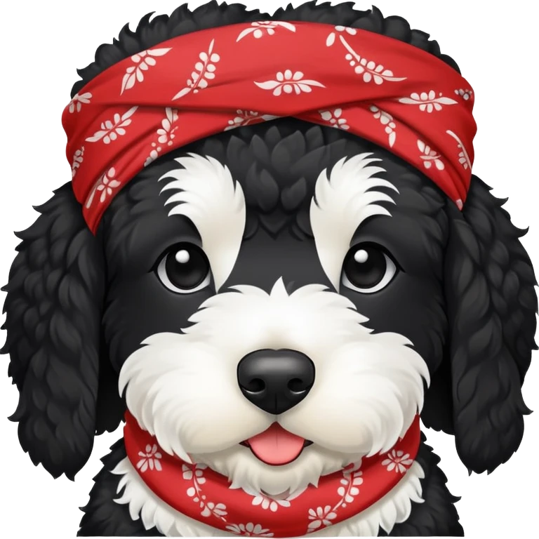 Black bernadoodle with white around mouth and big white eyebrows with bandana around neck emoji