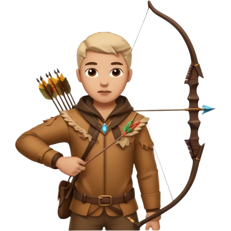 The classic hunter figure with a bow and arrow on his back, dressed in brown clothes and adorned with animal decorations emoji