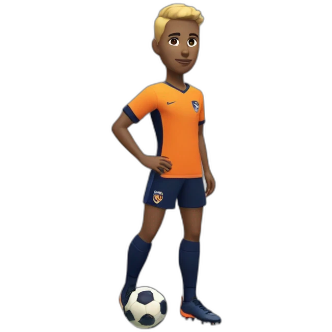 White skinned Soccer player in tangerine top with navy sleeves, navy shorts with tangerine flash, navy socks with tangerine flash  and orange kit emoji