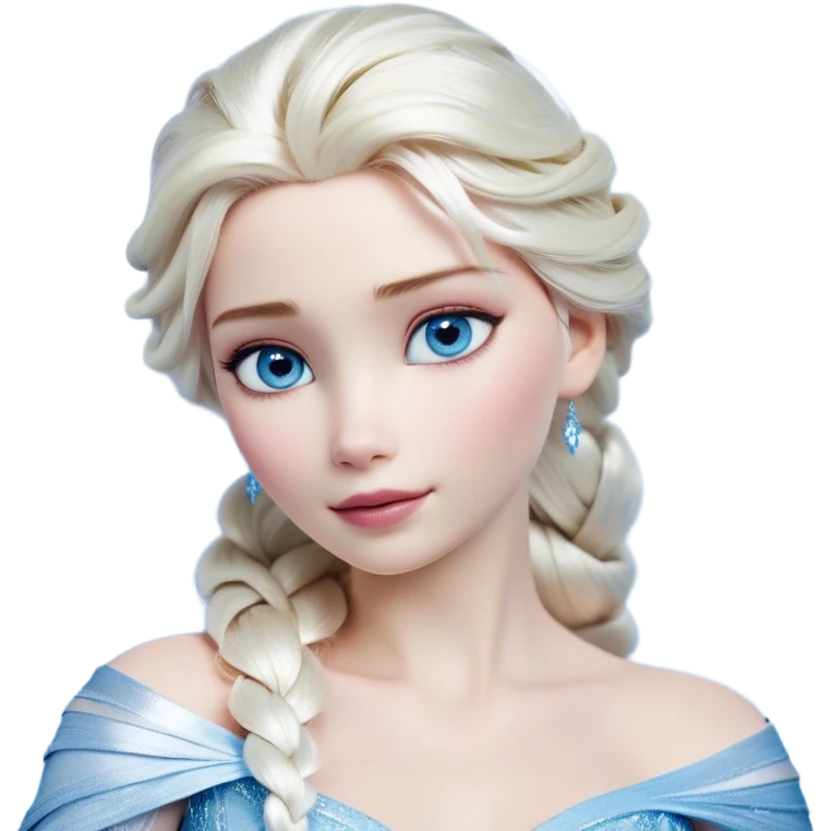 Cinematic Realistic Elsa Portrait, depicted with lifelike skin texture, soft natural lighting, and intricately detailed platinum blonde hair styled elegantly. Her striking, expressive blue eyes exude confidence and grace, complemented by a serene and regal expression. She is dressed in her signature icy attire, with shimmering fabric textures and delicate folds that catch the light beautifully. The portrait features a soft, enchanting glow with a cool, radiant finish, capturing the essence of timeless elegance in a realistic and painterly style, evoking a sense of depth and authenticity. emoji