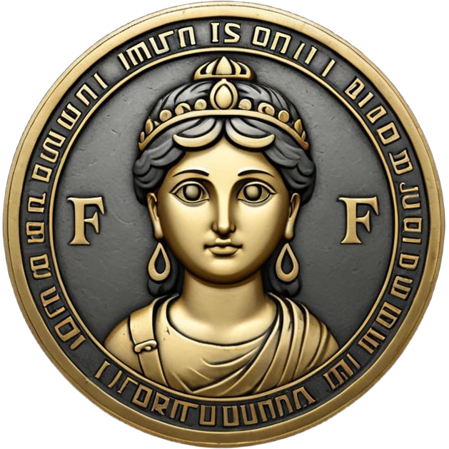 Emoji style, ancient coin made of blackened metal, “FORTUNA” engraved in refined fashion typography, heavy form, subtle worn metal texture, avant-garde editorial aesthetic, no glow, no neon, flat emoji design, centered, transparent background emoji