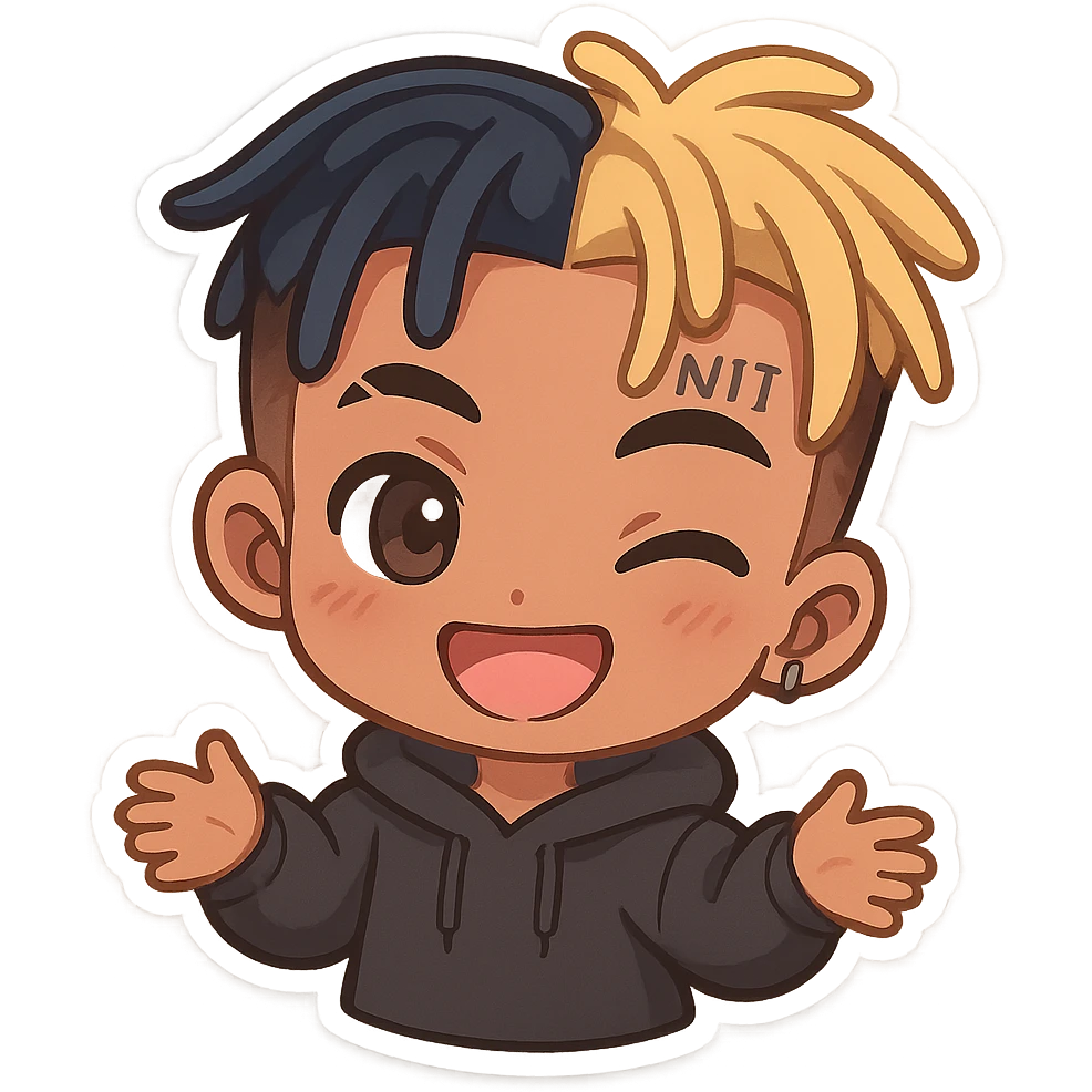 xxxtentacion chibi sticker, cute, exaggerated features, colorful, playful expression emoji